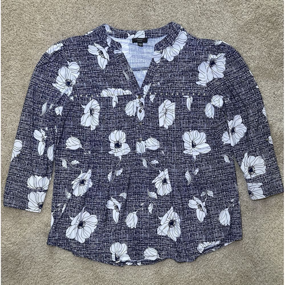 Cocomo Women's 3/4 Sleeve V Neck Blue White Button Down Blouse Top Size XL 1X